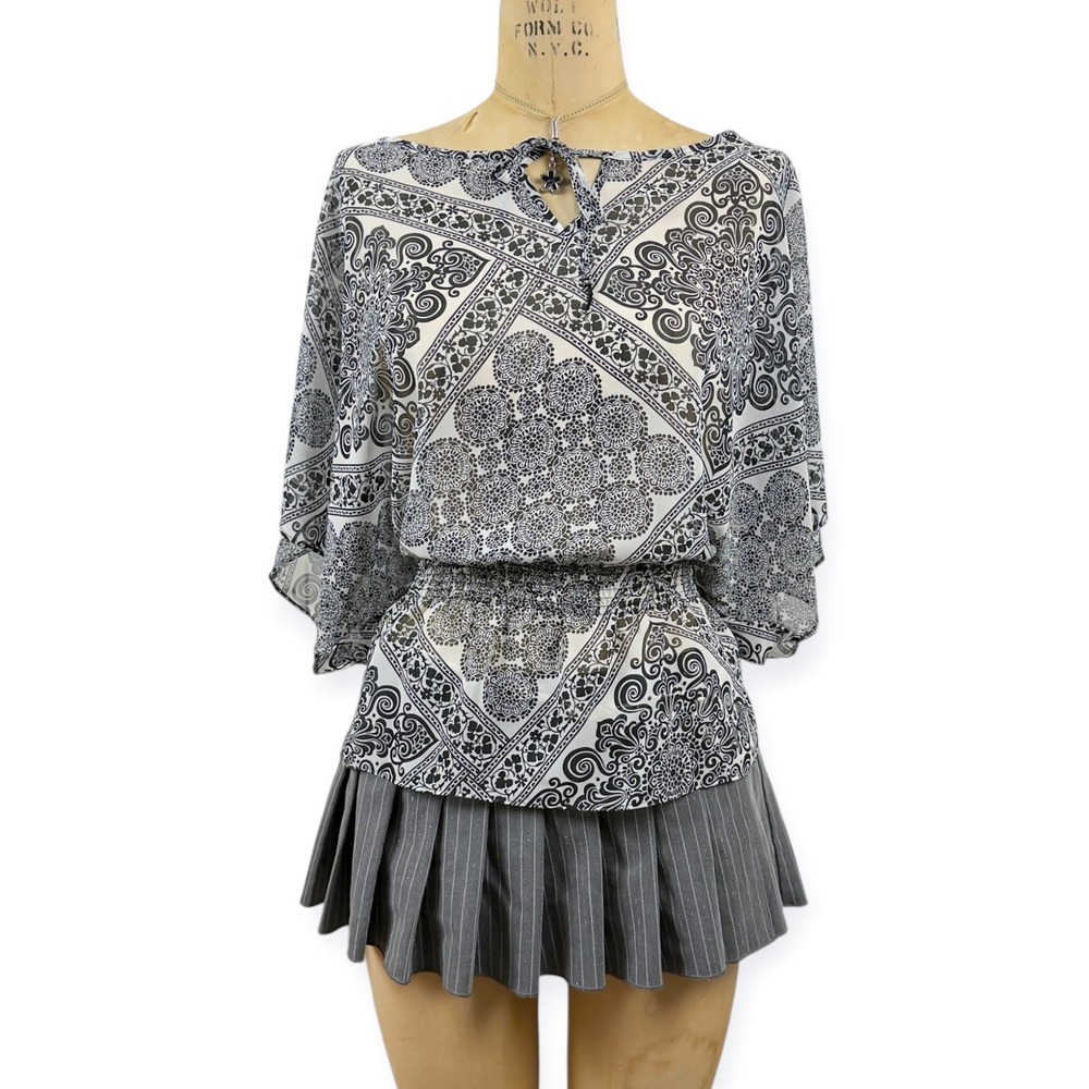Boho‎ Mesh Sheer Batwing Dolman Sleeve Smocked Waist Blouse Medallion Print M